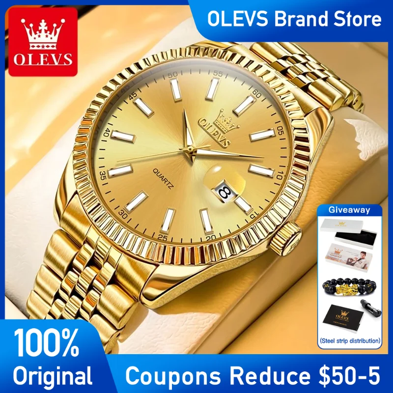 

OLEVS Men's Watches Golden luxury Brand stainless steel Quartz Watch Waterproof Luminous date Men's Wristwatch