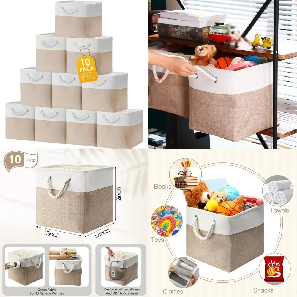 

Large Collapsible Fabric Storage Baskets with Handles, 10-Pack, for Organizing Shelves, Toys, Clothes - White & Beige, 12x12x12