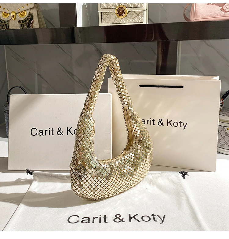 Gold Metal Mesh Shoulder Underarm Bag Bling Shiny Sequins Evening Bag Women\'s Handbag Wedding Party Clutch Purse Female Armpit