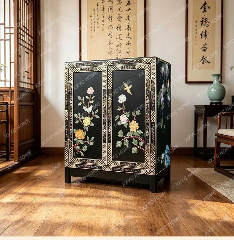 Chinese furniture bone stone flower and bird double door cabinet black side cabinet multi-scene locker