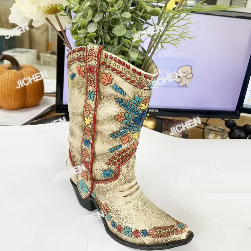 

Neu synthetic resin embroidered western cowboy boots wine cabinet flower pot
