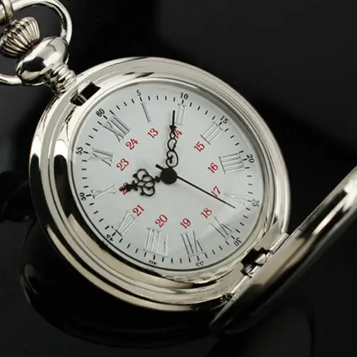 Klassische glatte Gehäuse-Volljäger-Quarz-Taschenuhr für Männer und Frauen, römische Zahl, Zifferblatt, Uhr mit Anhänger und Kette