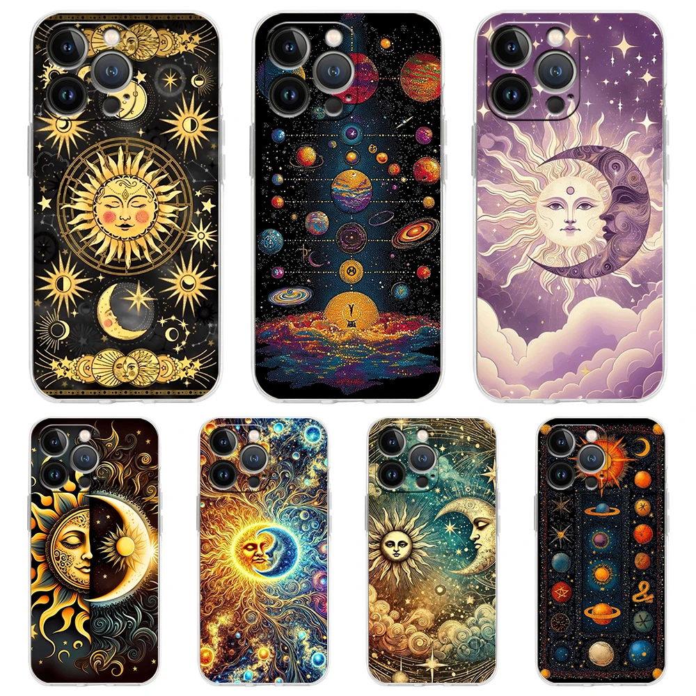 Coque de téléphone transparente en TPU souple, étui antichoc pour iPhone 16 15 14 13 12 11 Pro Max XR 8 7 Plus, motif soleil, lune, étoiles