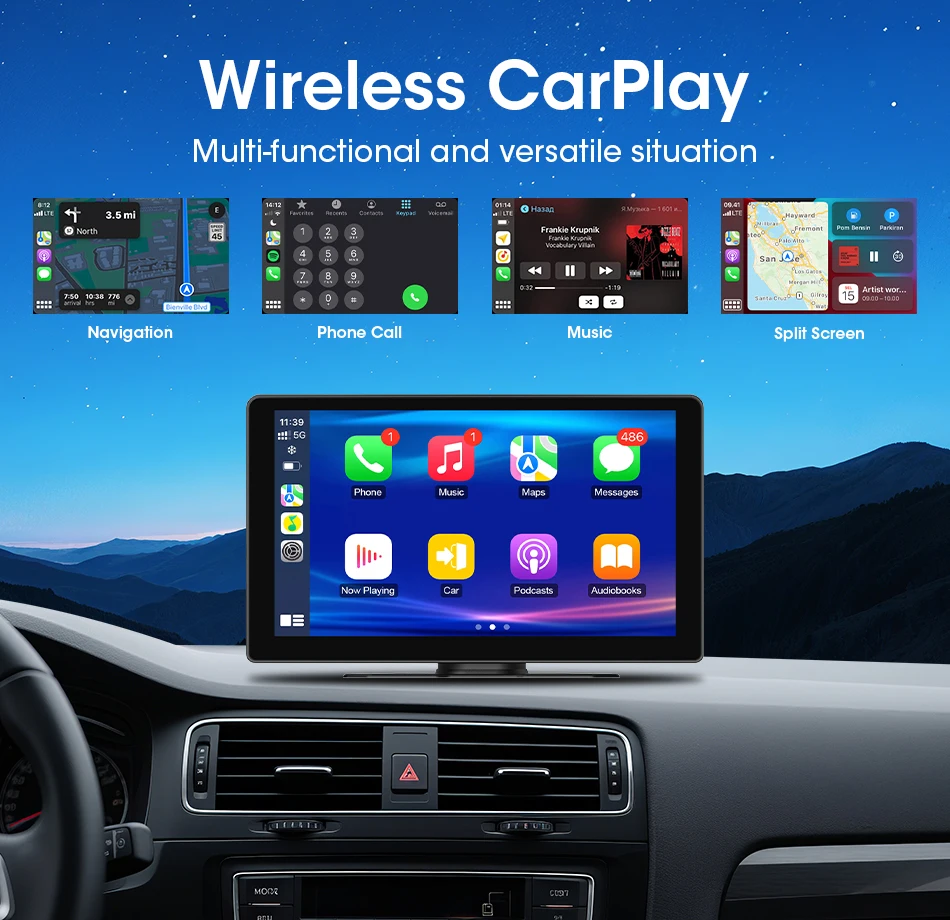 Srnubi 10" Zoll Auto Wireless Carplay & Android Auto Navigation Rück FM AUX WIFI Tragbarer Multimedia-Touchscreen-Monitor – Detail 4