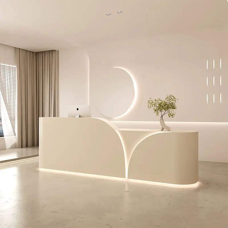Custom Modern Simple Reception Desk with Led Light Beauty Nail Salon Counter High Quality Office Clothing Store Front Desk Table