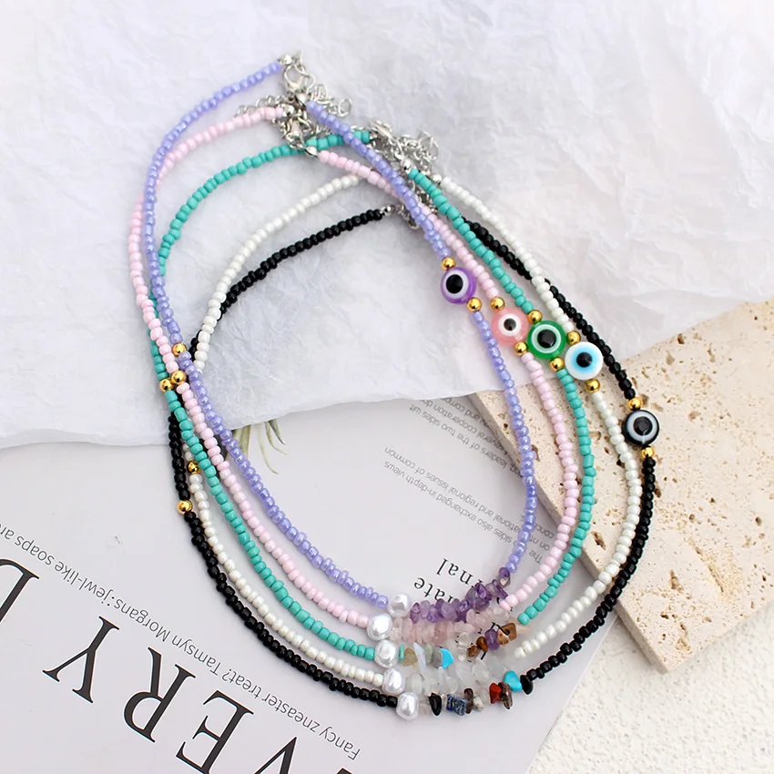 Pearl Beads  Necklace Korean Fashion Boho Evil Eyes Natural Stone Summer Colourful Handmade Neck Choker Girls Party Jewelry Gift