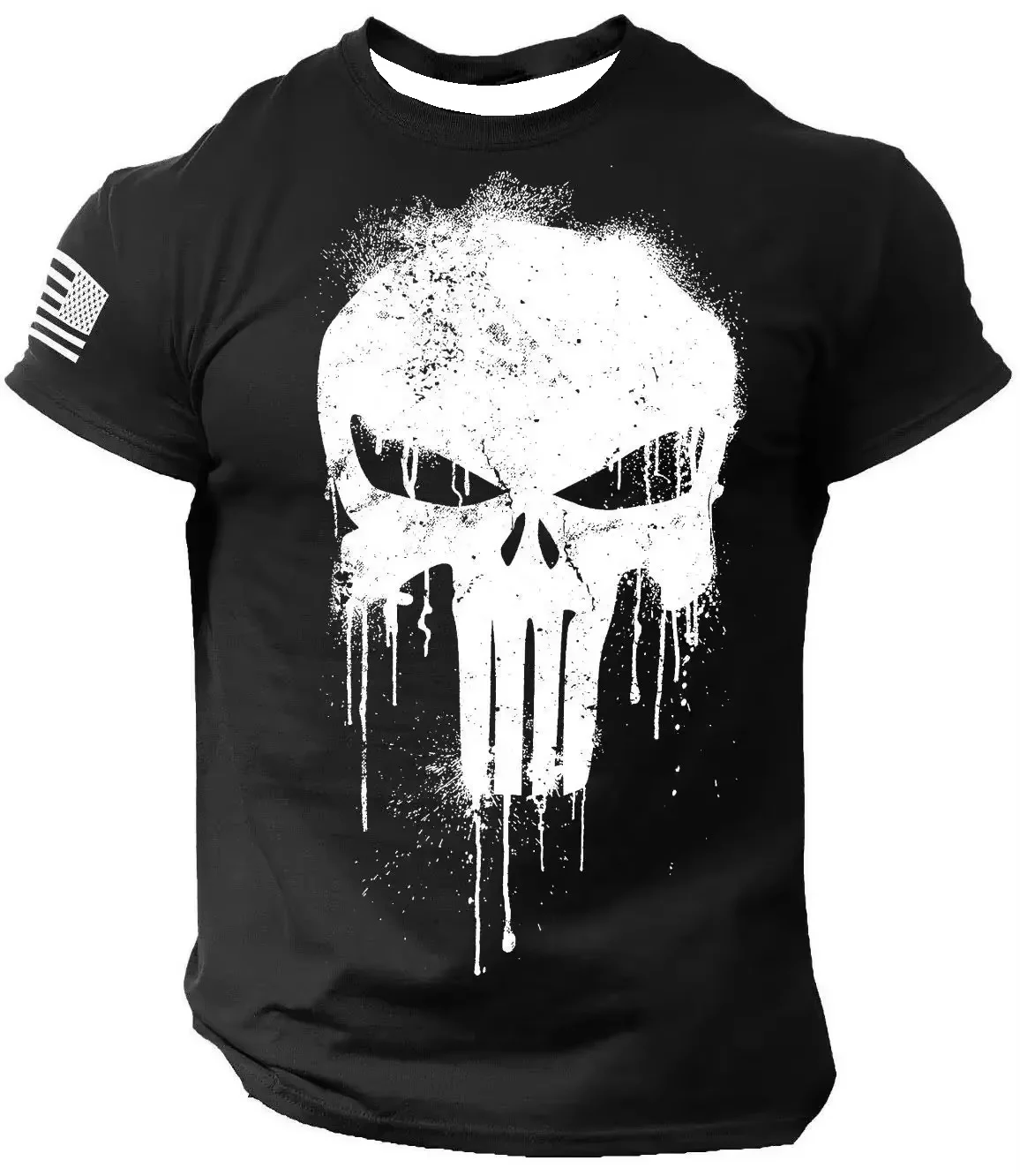 Mens Halloween Gym Workout Short Sleeve T Shirt Vintage Splash Dripping Skull Print USA Flag Sleeve Tactical Casual Street Tops