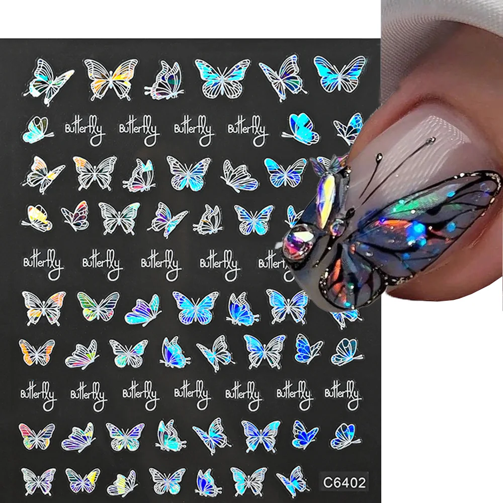 1pcs 3D Holographic Butterfly Nail Art Stickers Black White Glitter Nail Decals Charms Sliders Tattoo DIY Manicure Decorations#&