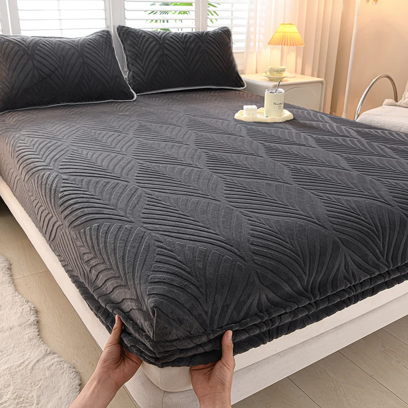 1pc Queen Bed Sheets for Winter Solid Color Coral Fleece Fluffy sabanas 150x190 Warm Soft Fitted Bed Sheets Plush Mattress Cover