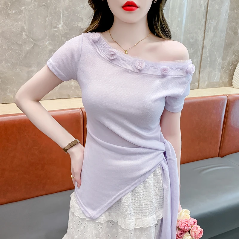 

Pure Desire Lace Trim Off-Shoulder Short Sleeve T-Shirt for Women Summer New Irregular Slim Fit Tie Split Top