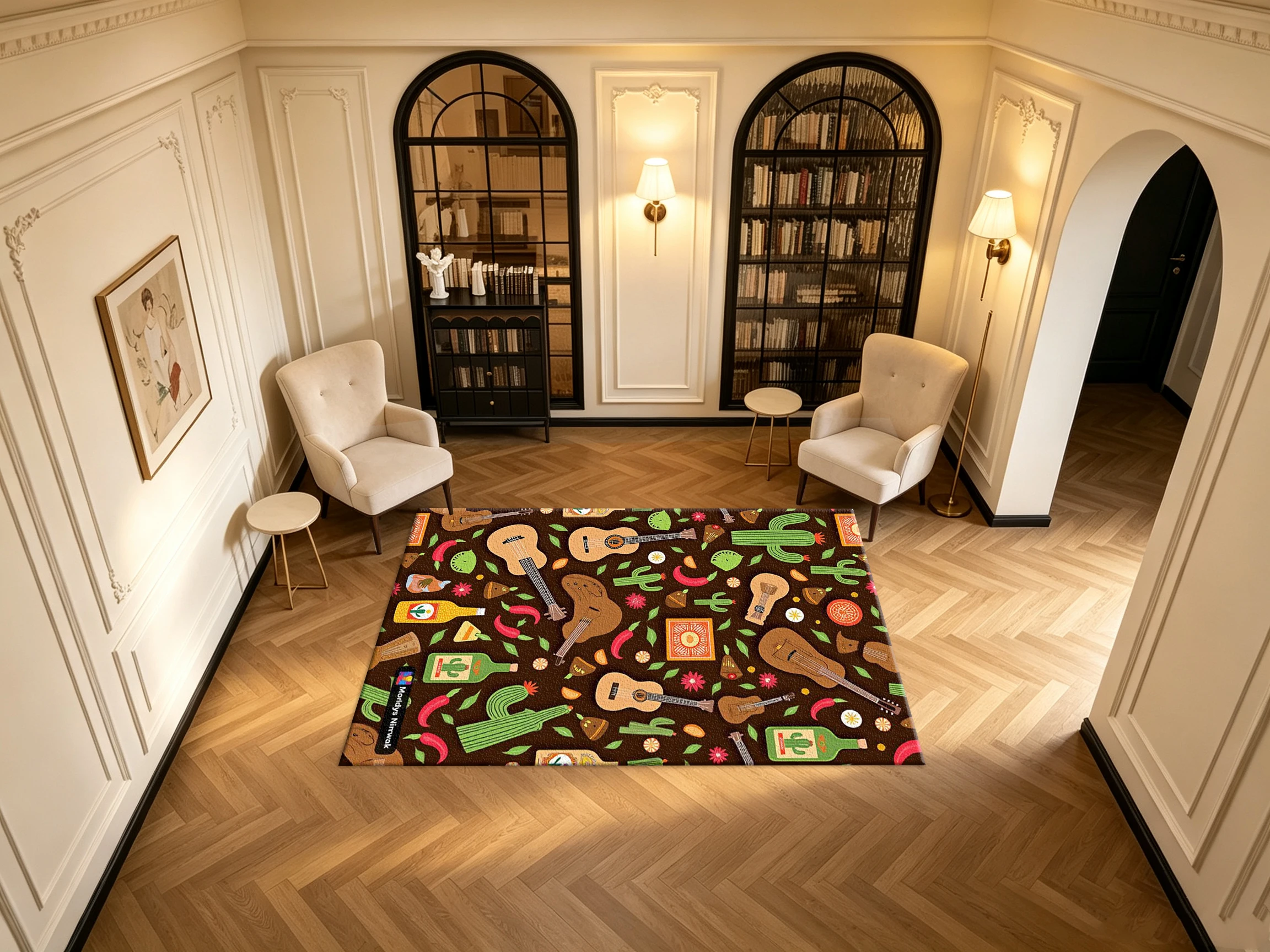 Mexican Folk Guitar Cactus Chili Carpet Flooring Retro Culture Element Seamless Printed Square Area Rug for Household Ornament