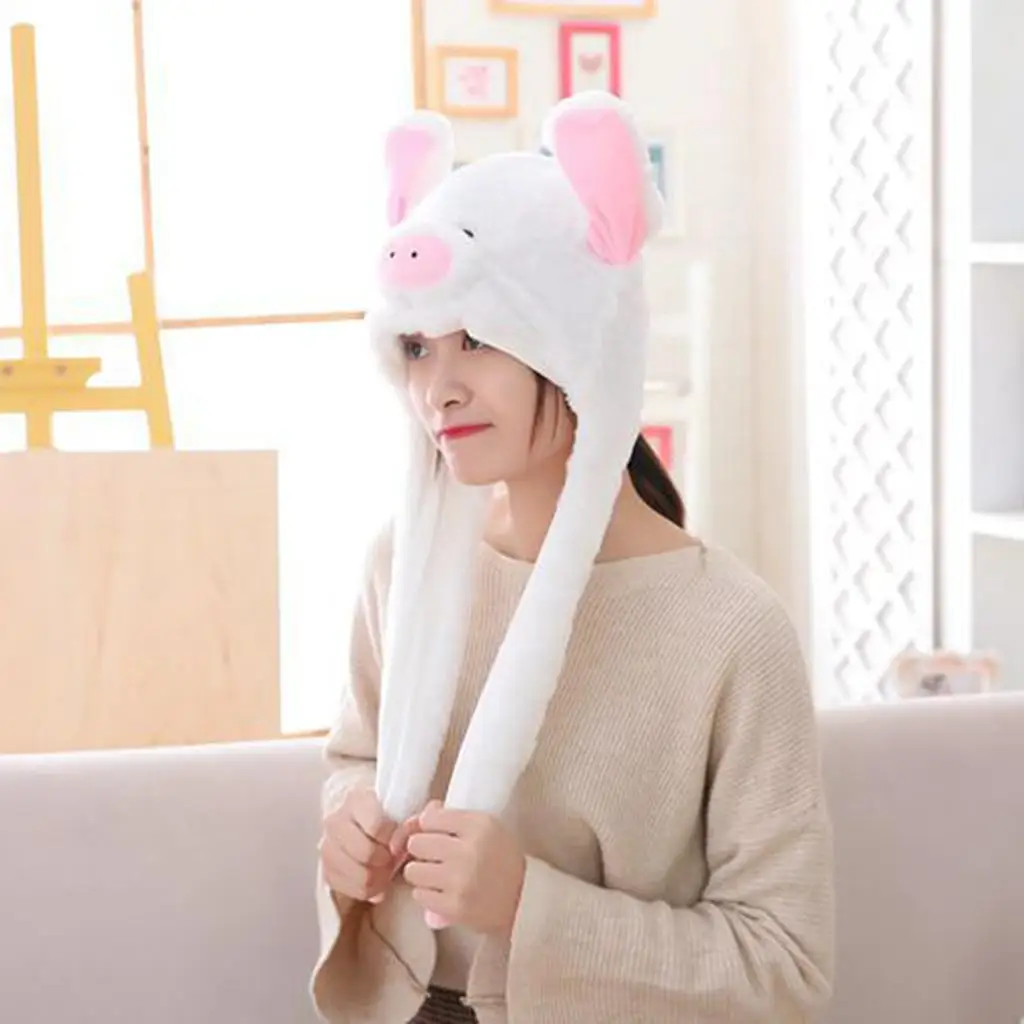 Pig Hat Ear Moving Plush Animal Cartoon Cap with Flaps Novelty Funny Hat for Children Winter