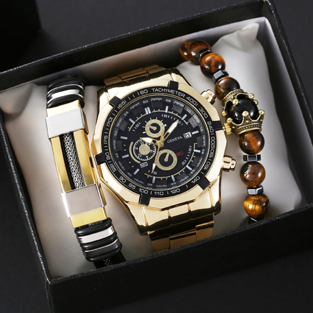 Orologi da uomo Top Brand Luxury Gold Black Steel orologio al quarzo da uomo Business orologio da polso militare Relogio bracciale maschile 3 pezzi con scatola