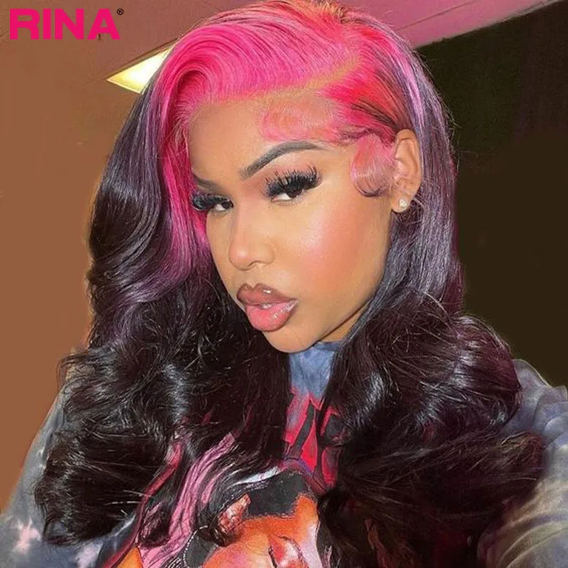 13x4 Lace Frontal Wig Pink Highlight With Black Body Wave Wig Human Hair Wigs Transparent Lace 13x4 Lace Frontal Wig For Women