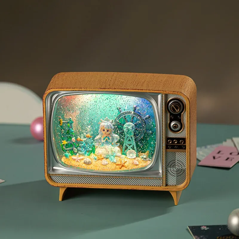 Vintage Mermaid TV Music Box Crystal Snow Globe Retro Home Decor Ornament Craft Birthday Gift for Girls Women Desktop