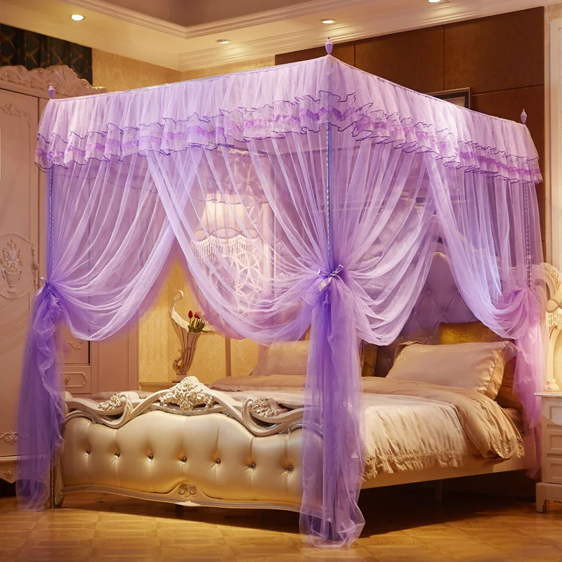 D2 1.8m/1.5m/1.2m Luxury Princess Three Side Openings Post Bed Curtain Canopy Netting Mosquito Net Bedding(Excluding Bracket)