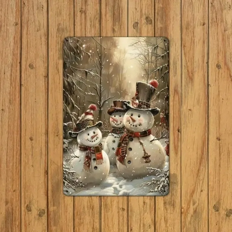 Letrero de metal de muñeco de nieve de Navidad vintage plano 2D de 8x12 pulgadas - Escena de bosque de invierno, decoración de bar de cafetería en casa, arte del país de las maravillas de invierno