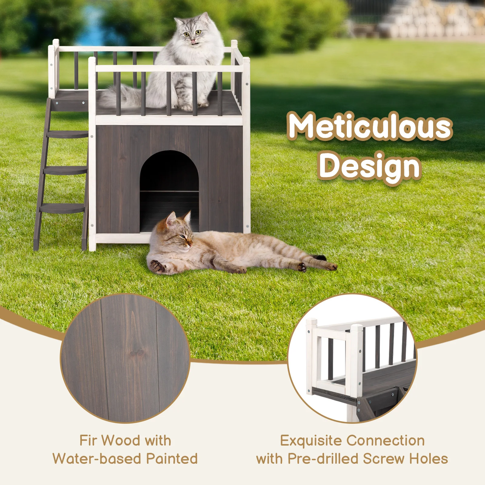 Pet House Cat Grey White Outdoor Indoor 2-Story Wooden Feral Dog House Cat House Pet House with Stair