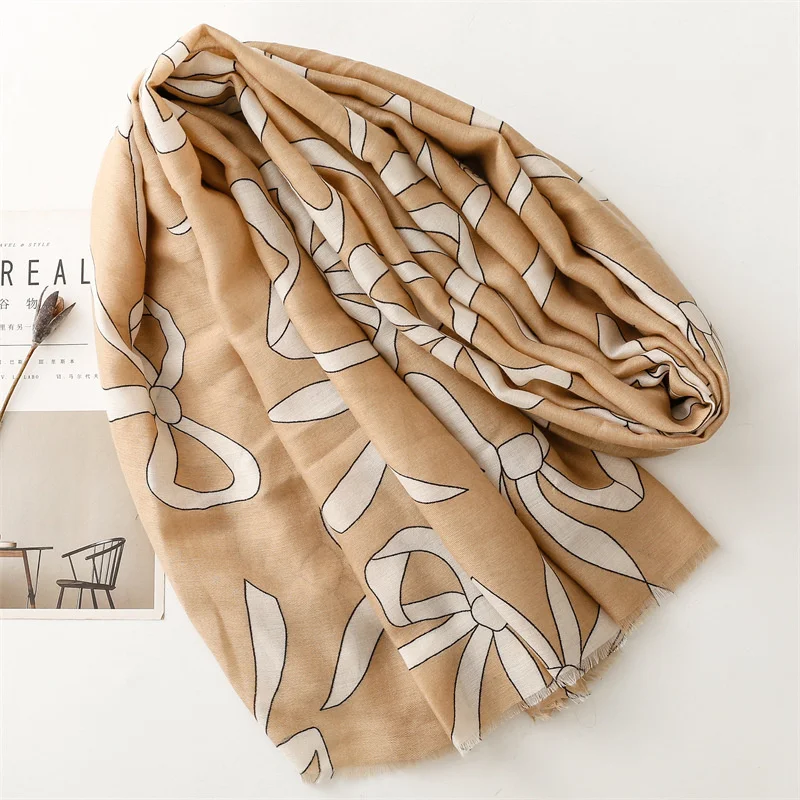 88*180CM New Retro Soft Bow Tie Pattern Print Cotton and Linen Scarf Women's Fashion Versatile Voile Sunscreen Tassel Shawl