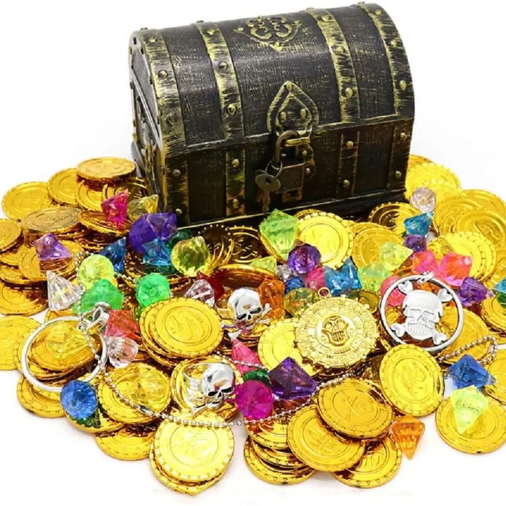

Детский пиратский сундук сокровища в античном стиле с замком, сувенирами для вечеринок и 100-мя золотыми монетами, драгоценными камнями, комплектом ювелирных изделий