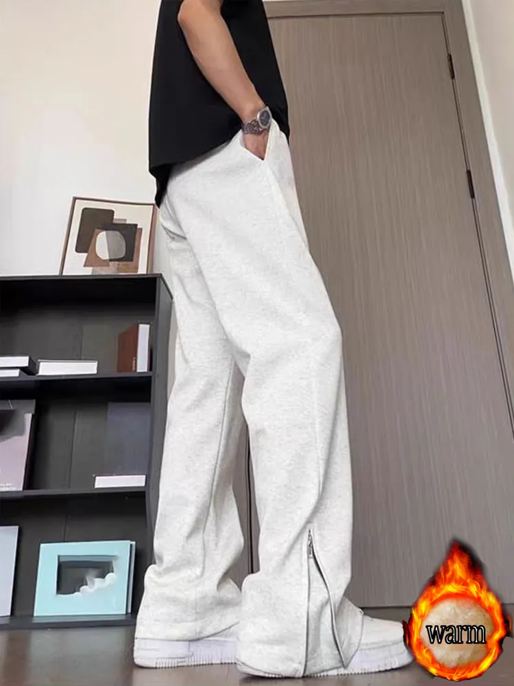 Spodnie unisex w stylu koreańskim na jesień i zimę z bocznym zamkiem błyskawicznym, szerokie nogawki, długie spodnie, ocieplane polarem i pogrubione, nowe, codzienne, wygodne, uniwersalne spodnie dresowe.