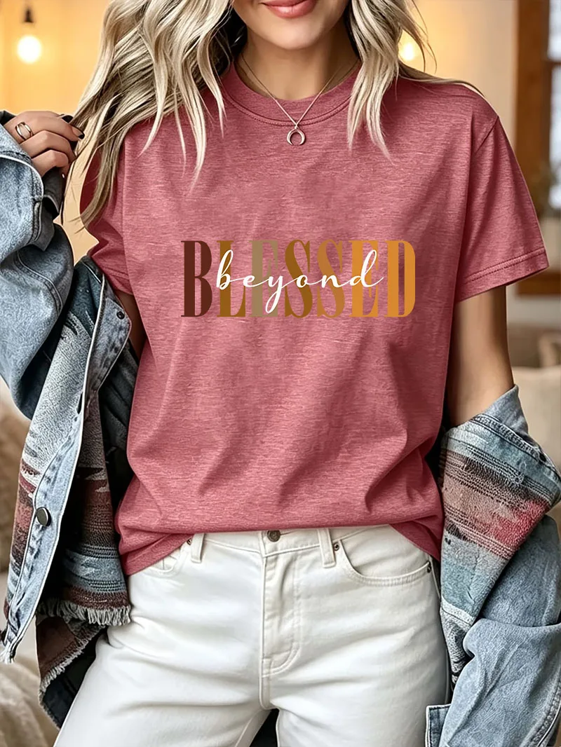 Blessed Graphic T-shirt for Women Inspirational Letter Print Elegant Casual Short Sleeve O-neck Summer Faith Everyday Tees