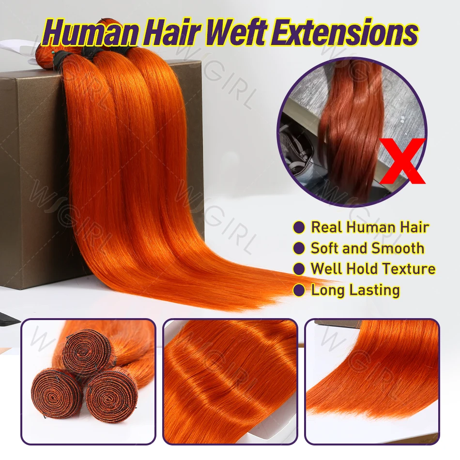 Wigirl 30 Inch Bone Straight Human Hair Bundles Orange Ginger Virgin Double Weft Colored Brazilian Bulk Braiding Hair Extension