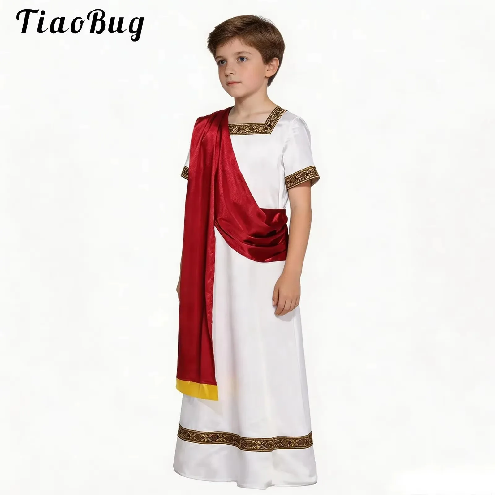 Kids Boys Ancient Greek Costume Color-blocked Ruched Embroidered Trim Roman Robe Toga Carnivals Halloween Greek Prince Dress Up