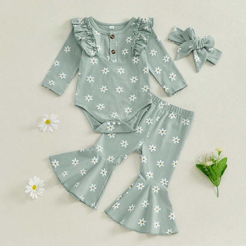 

Baby Girls Fall Outfits Daisy Print Long Sleeves Romper and Elastic Flared Pants Headband Set 3 Piece Clothes