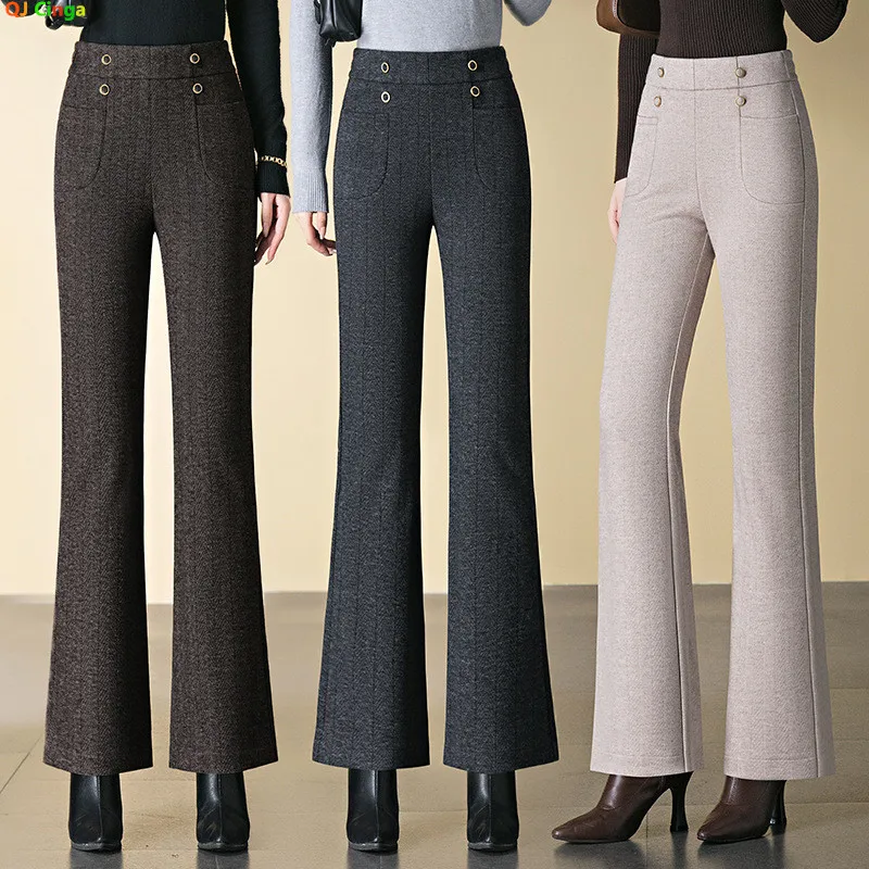 Women's Slightly Flared Pants,Elastic Waist Herringbone High Waisted Trousers,Beige,Coffee,Gray Available,Fall/Winter Pant,M-4XL