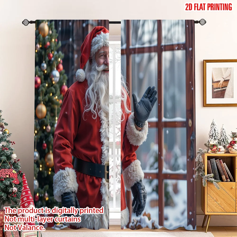 

2pcs 2D flat printing Merry Christmas Popular Curtain Santa Claus Waving Christmas Snow Polyester Without Electricity Party
