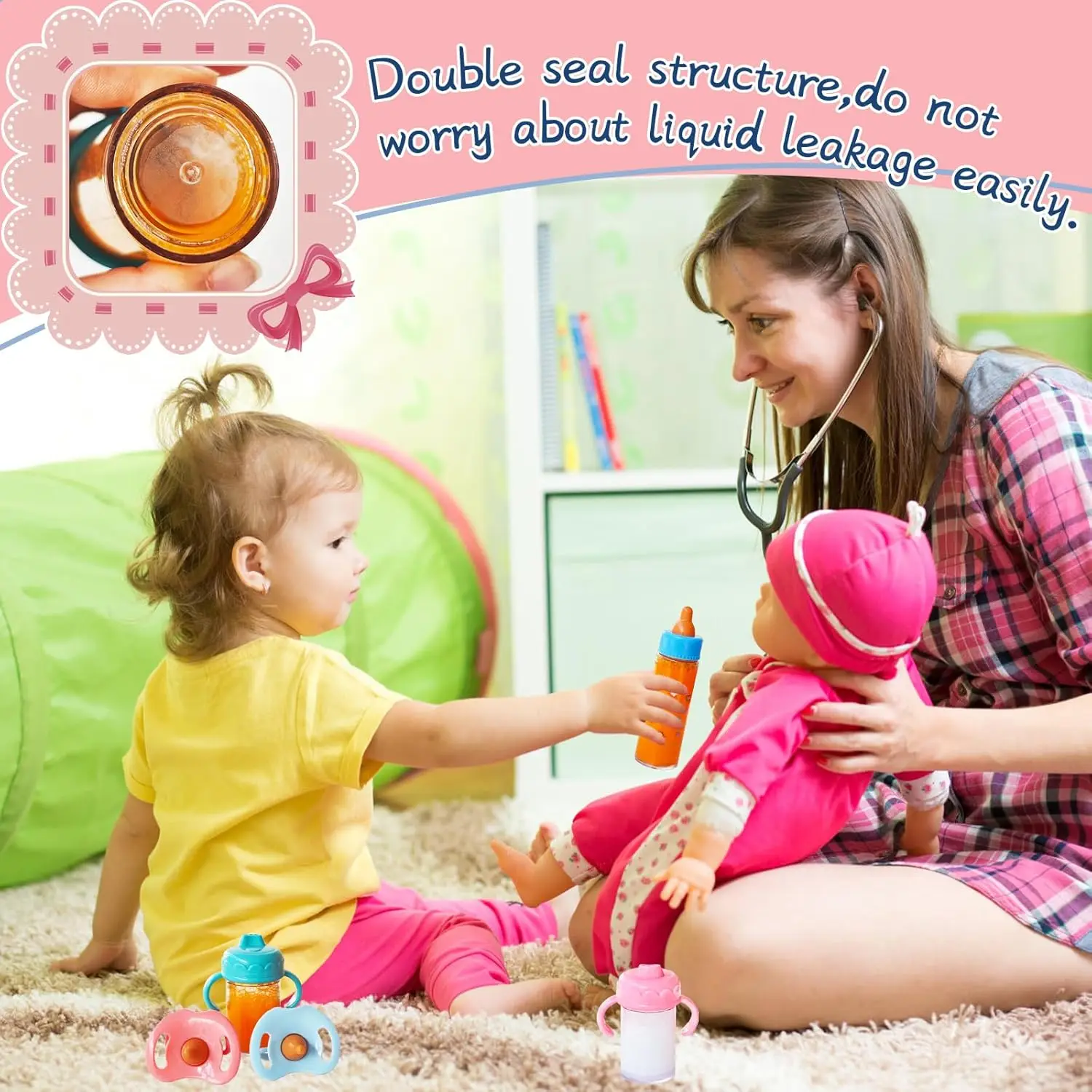 12pcs Baby Doll Accessories Feeding & Caring Set Set with Bottle Sippy Cup Pacifier Dinner Plate Pretend Play for Toddlers Girls