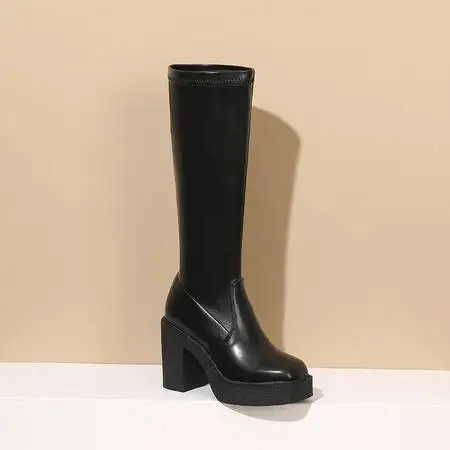 Women Square Toe Platform Knee High Boots Classic Big Size Winter Black Matte Lady Side Zipper Punk Boots 2024