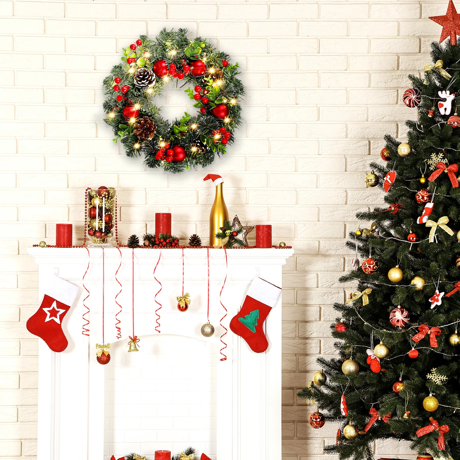 

Christmas Wreath Lighted Front Door Decoration Xmas Hanging Wreath Christmas Home Scene Props Festival Scene Decor