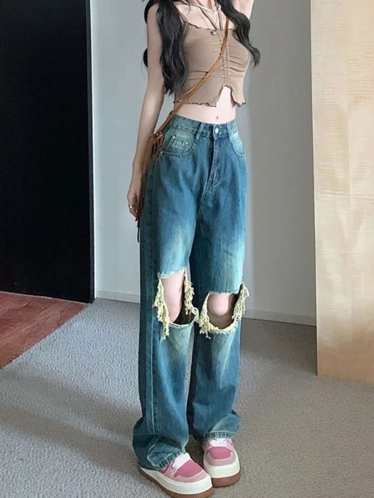 

Women's Distressed Denim Jeans Summer 2026 Vintage High Waist Wide Leg Pants Y2K Streetwear Baggy Long Trousers