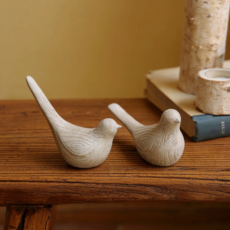 Resin Birds Statues With Wood Grain Surface Pair Of 2 Pieces 13.5 To 16.5cm Width For Home Office