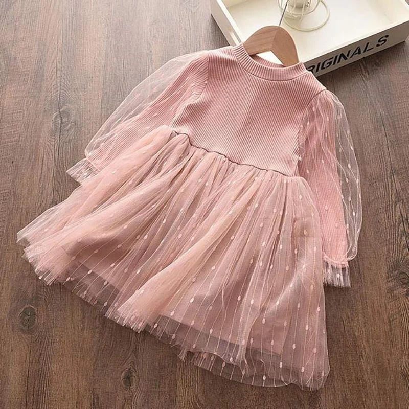 Melario New Fall Baby Girl Cute Costume Children Girls Mesh Cotton Dress Long Puff Sleeve Princess Dresses Spring Girls Dress