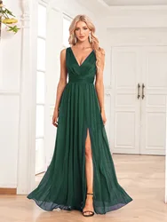 A-Line Evening Gown Elegant Dress Wedding Guest Party Wear Floor Length Sleeveless V Neck Spandex V Back with Glitter Slit 2024