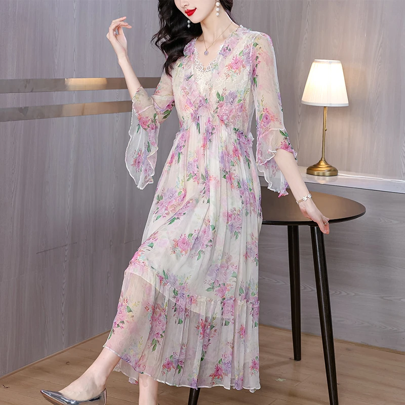 

Dress Women 2024 French Style Silk Half Sleeve Chiffon Floral Print Flare Sleeve V-Neck Dresses