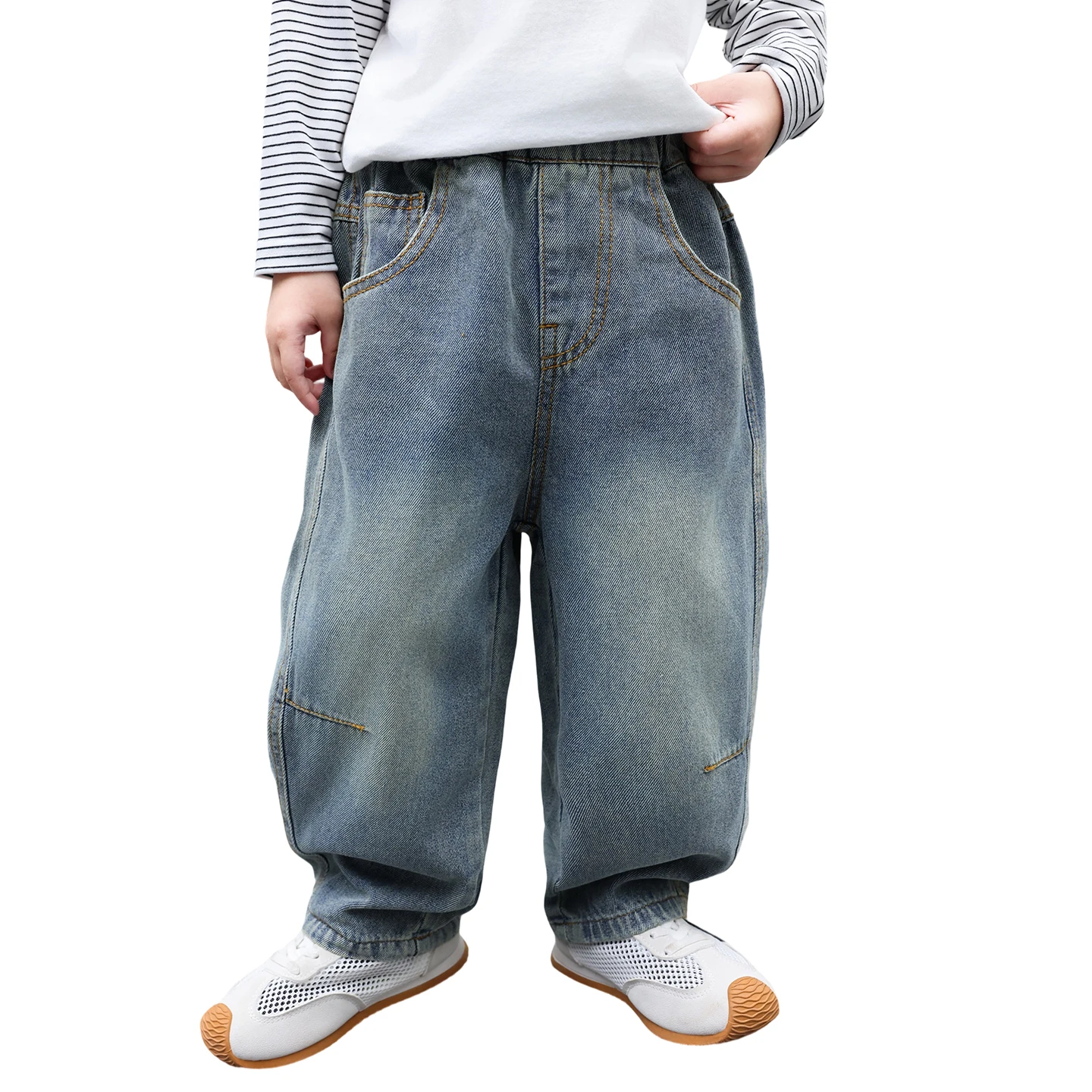 

Детские винтажные стираные джинсы с эластичным поясом, эстетика в стиле ретро для повседневной повседневной носки для игривых прогулок