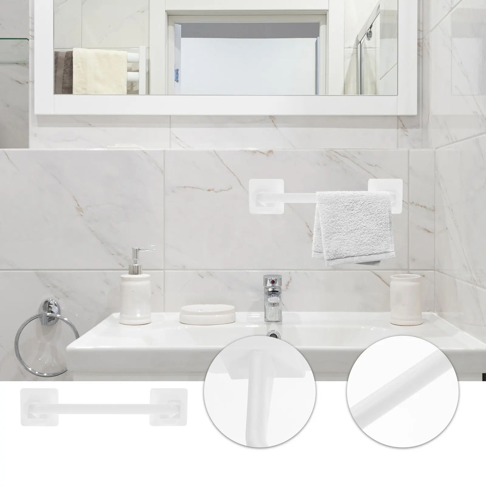 Premium ABS Wall Mounted Towel Bar White Bathroom Towel Holder for Hand Towels Washcloths Dish Cloths Kitchen Laundry Room Use