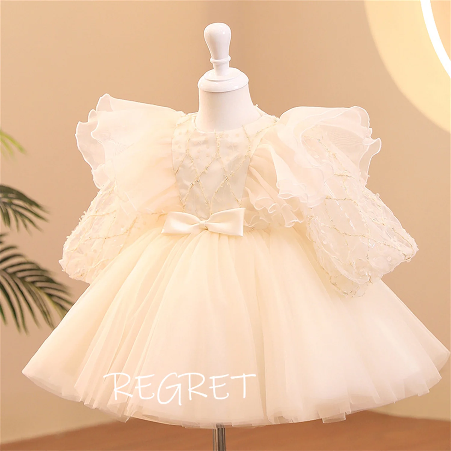 

Fluffy Flower Girl Dress For Wedding Champagne Party Kids Birthday Long Sleeve A-line Ball Gown Knee Length Princess Bow Dresses