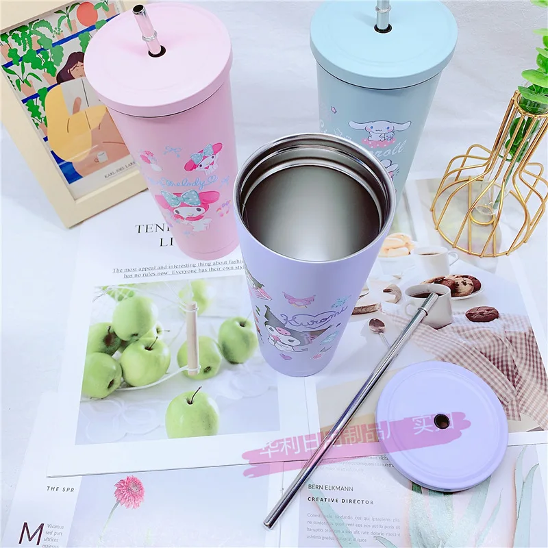 750Ml Kawaii Sanriod Anime Series Hello Kittyd My Melody Cinnamoroll Kuromi Drinking Straw Stainless Steel Thermos Cold Cup Gift