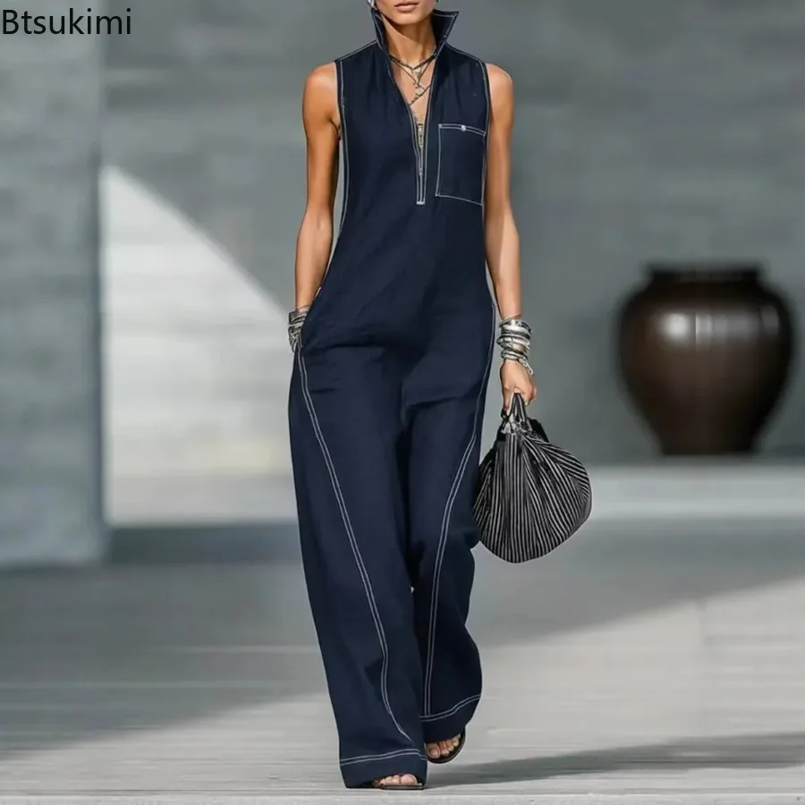 

New 2026 Women's Jumpsuit Stand Collar Sleeveless Summer Casual Fashion Loose Cotton Linen Pocket Solid Color Rompers Streetwear