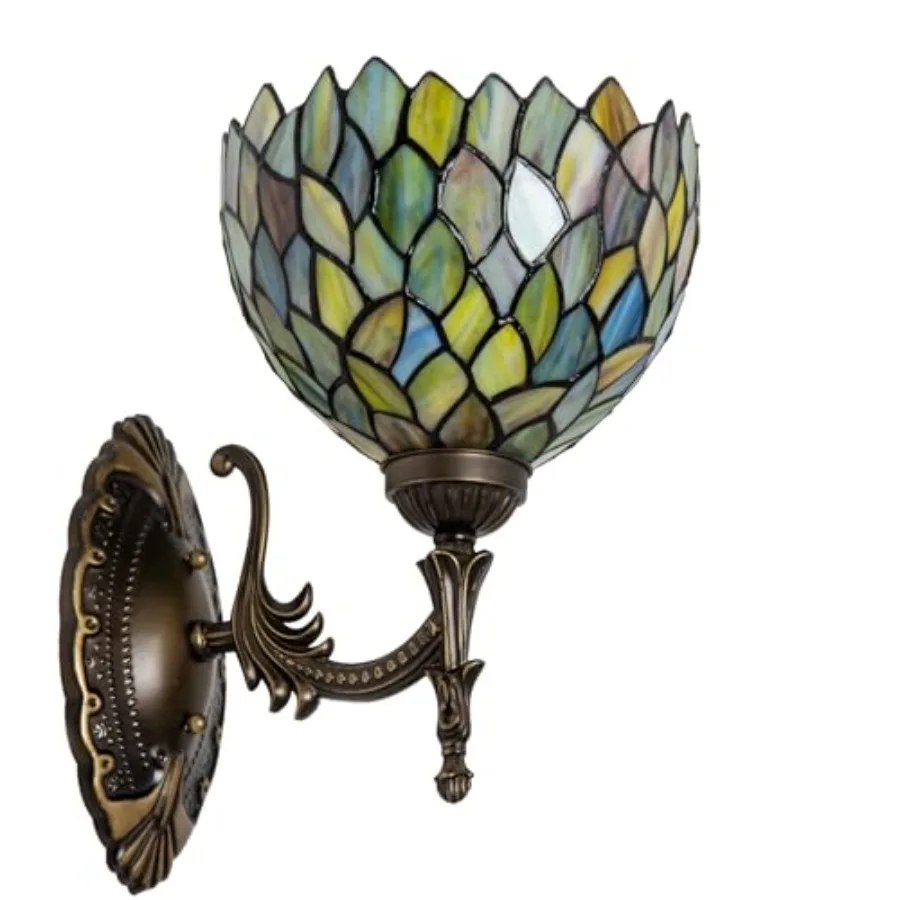 

Bedroom hallway living room home office wall sconce: hand-welded stained glass, classic 8-inch shade, elegant blue-green hue, a