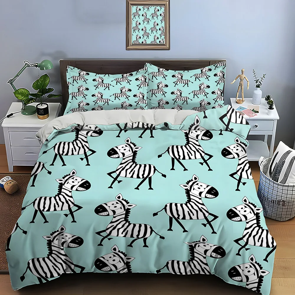 Cartoon Zebras Repeating Pattern Print Bedding Set 1 Duvet Cover 2 Pillowcases for Adult and Children Luxury Gift Full Size