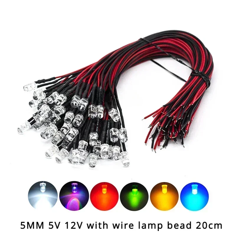 10/50pcs 3V 5V 12V 24V DC 5mm Water Clear LED Diodes Red/Green/Blue/Yellow/UV/Orange/Pink/Warm/White/RGB Pre-Wired 20cm Cable