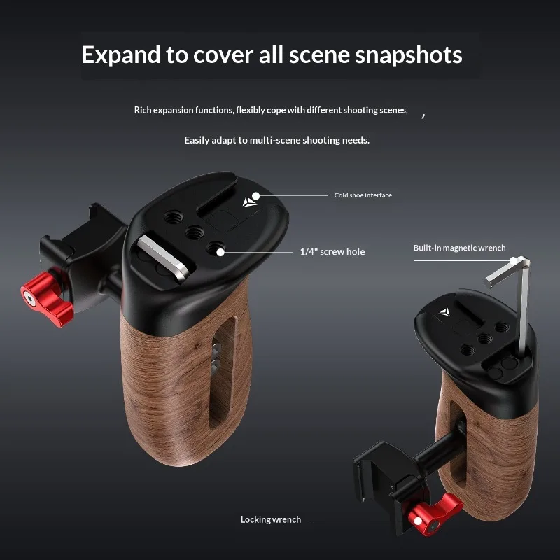 Quick-Release Wooden Side Handle – Ergonomic Rosewood Grip, 1‑Sec Detach, Aluminum, for Camera Rig