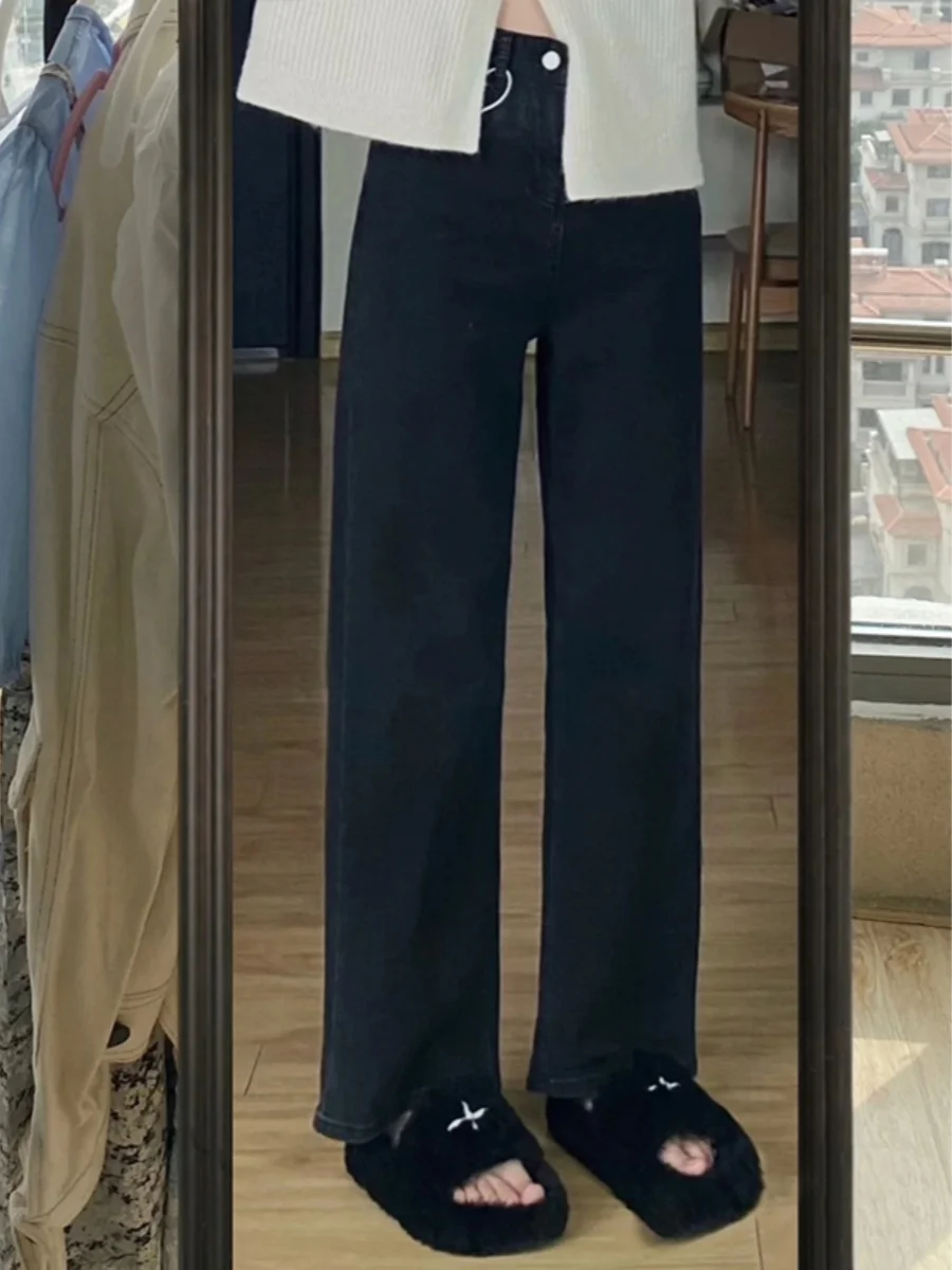 plus Size High Waist Loose Fit Denim Pants Bla Wide Leg Straight Cut Trousers for Women Full Coverage Hip Concealing