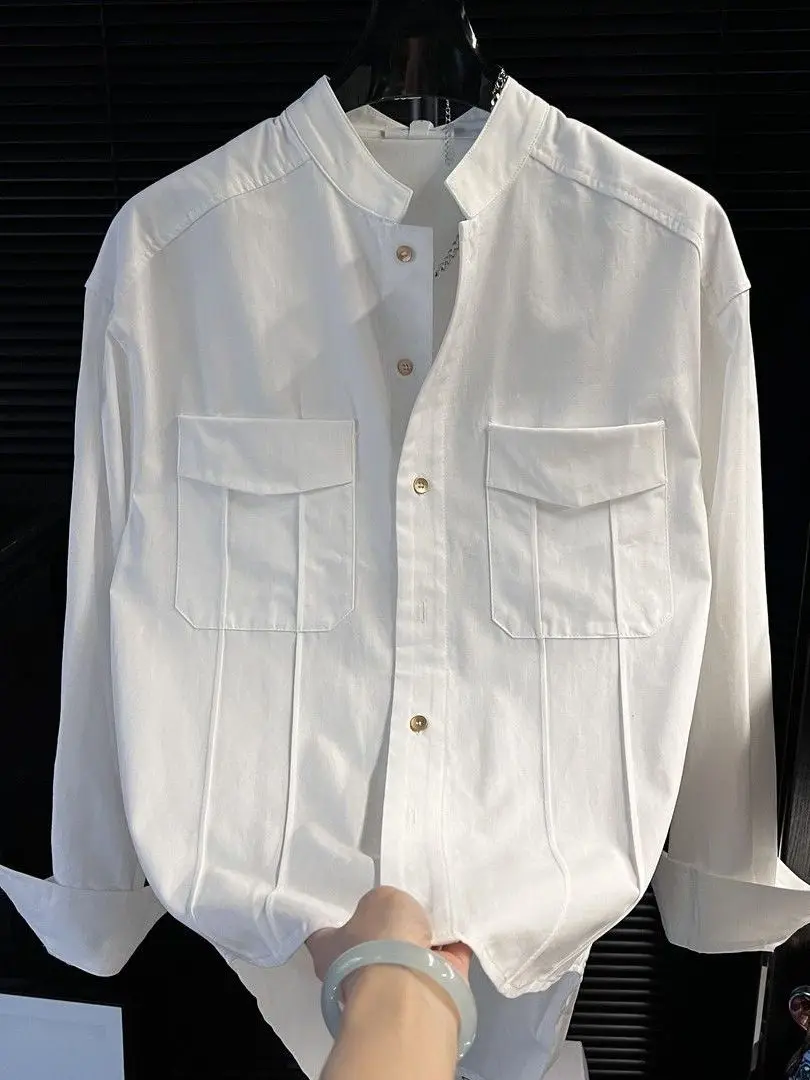 

White Stand Collar Long Sleeve Men's Shirt Japanese Workwear Style Spring Autumn New Fashion Casual Versatile Individuality M...